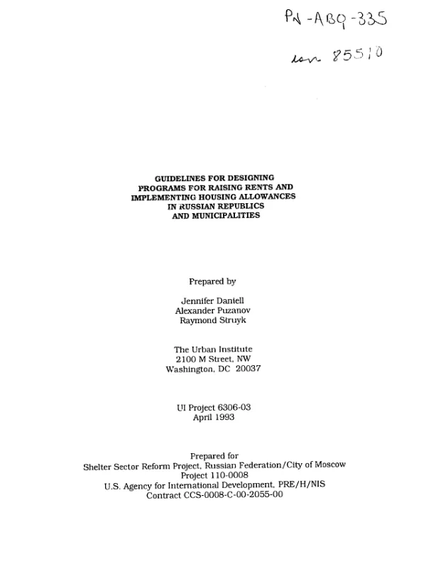 Guidelines for designing programs for raising rents and implementing housing allowances in Russian Republics and municipalities
