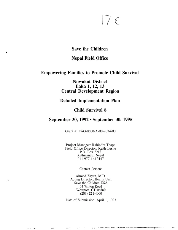 Save the Children, Nepal Field Office : empowering families to promote child survival, Nuwakot District, Ilaka 1, 12, 13, Central Development Region -- detailed implementation plan : child survival 8, September 30, 1992-September 30, 1995