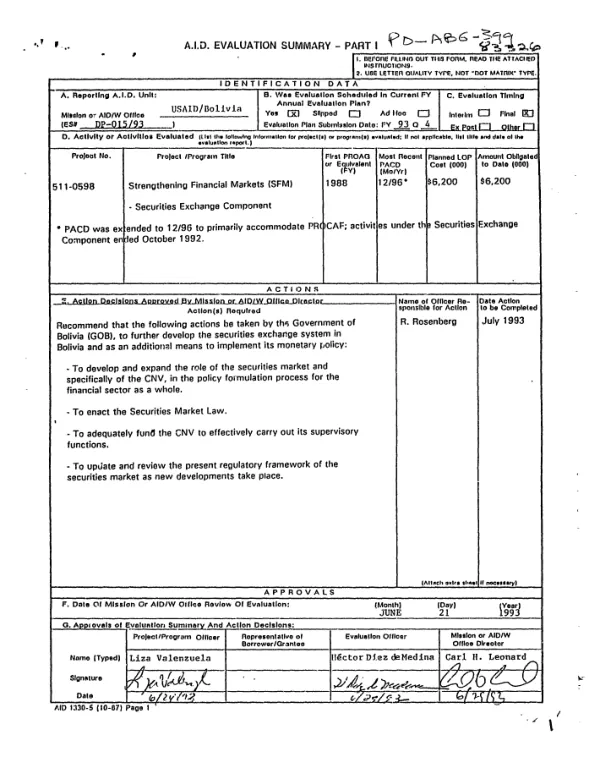 Final evaluation : progress of the Bolsa Boliviana de Valores and the Comision Nacional de Valores toward achievement of the objectives of USAID/Bolivia"s strengthening financial markets project, project no. 511-0598