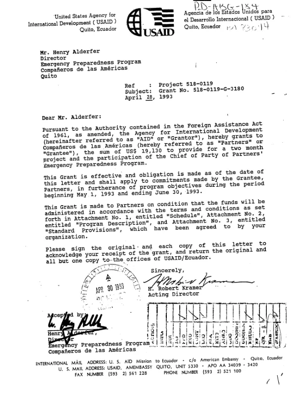 AID grant no. 518-0119-G-3180-00 to Companeros de las Americas to support its Emergency Preparedness Program