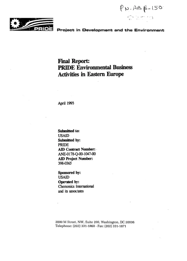 Final report : PRIDE [project in development and the environment] environmental business activities in Eastern Europe