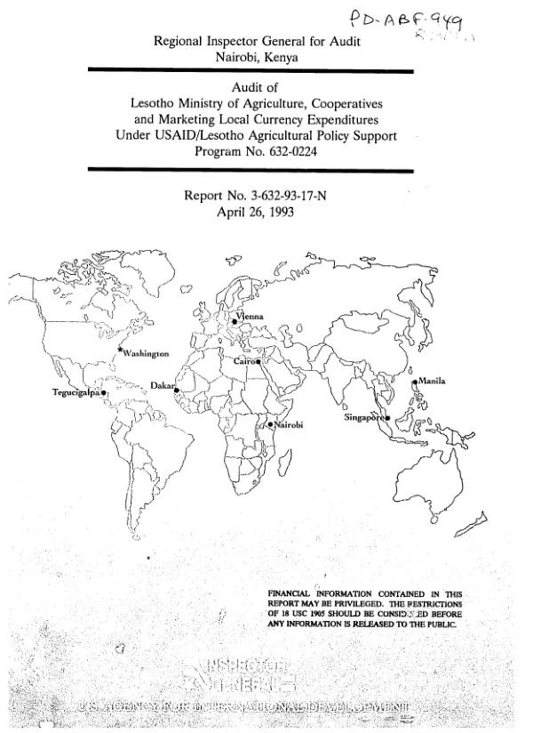 Audit of Lesotho Ministry of Agriculture, Cooperatives and Marketing local currency expenditures under USAID/Lesotho agricultural policy support program no. 632-0224