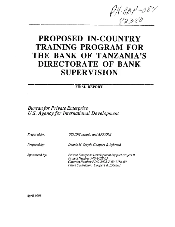 Proposed in-country training program for the Bank of Tanzania"s Directorate of Bank Supervision