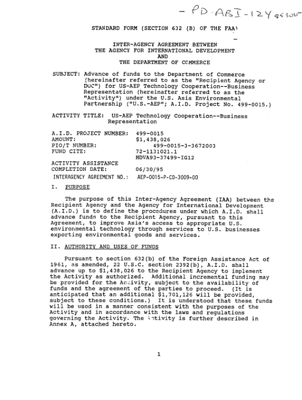 Inter-agency agreement between the Agency for International Development and the Department of Commerce