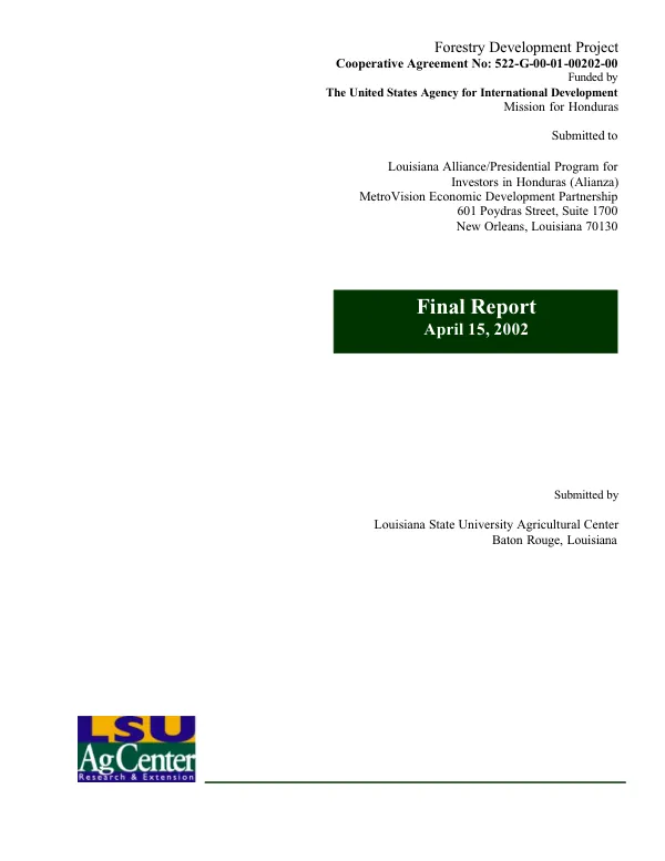 Forestry development project : cooperative agreement no. 522-G-00-01-00202-00 -- final report
