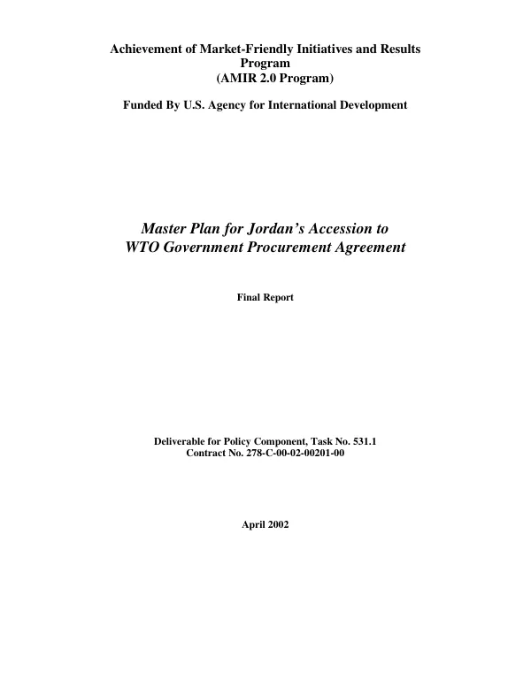 Master plan for Jordan"s accession to WTO [World Trade Organization] government procurement agreement : final report