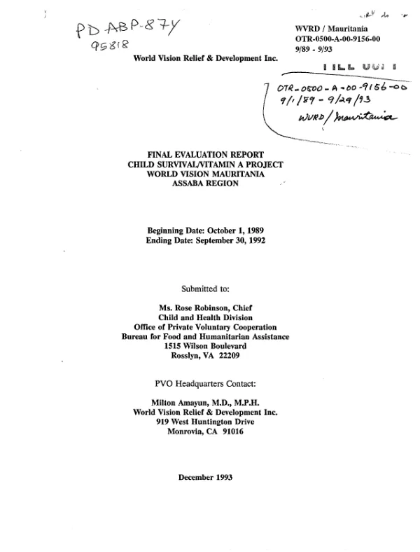 Final evaluation report : child survival/vitamin A project -- World Vision Mauritania, Assaba Region