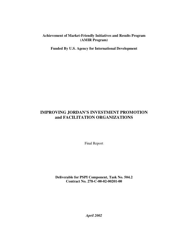 Improving Jordan"s investment promotion and facilitation organizations : final report