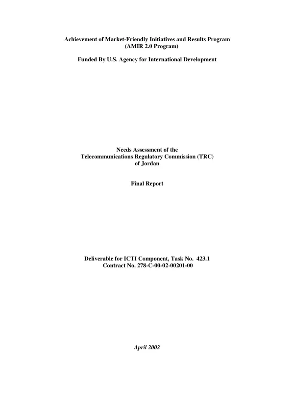 Needs assessment of the Telecommunications Regulatory Commission (TRC) of Jordan : final report