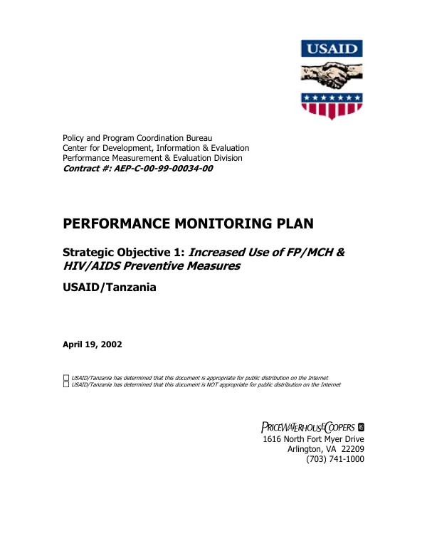 Performance monitoring plan -- strategic objective 1 : increased use of FP/MCH & HIV/AIDS prevention measures -- USAID/Tanzania