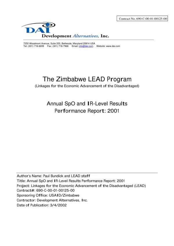 Zimbabwe LEAD (linkages for the economic advancement of the disadvantaged) program : annual SpO and IR-level results performance report -- 2001