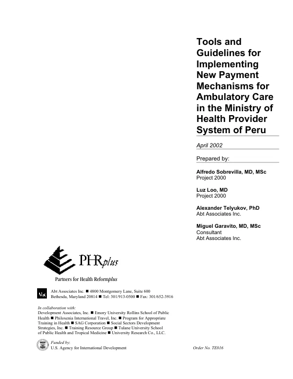 Tools and guidelines for implementing new payment mechanisms for ambulatory care in the Ministry of Health provider system of Peru
