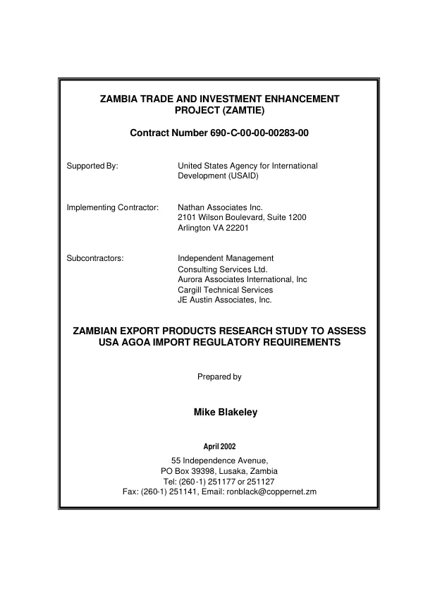 Zambian export products research study to assess USA AGOA [African Growth and Opportunity Act] import regulatory requirements
