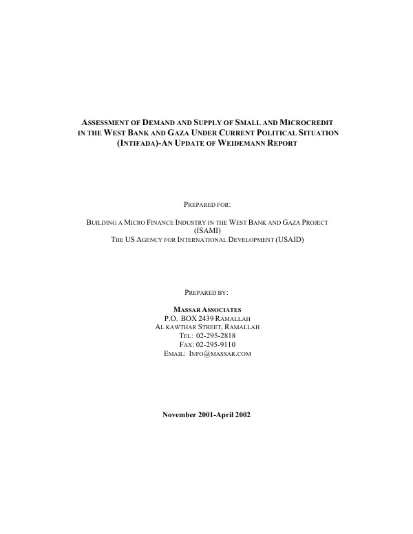 Assessment of demand and supply of small and microcredit in the West Bank and Gaza under current political situation (INTIFDA) : an update ot Weidemann report