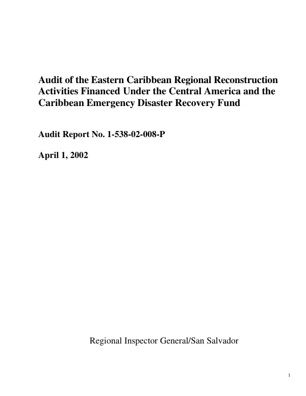 Audit of the Eastern Caribbean regional reconstruction activities financed under the Central America and the Caribbean emergency disaster recovery fund