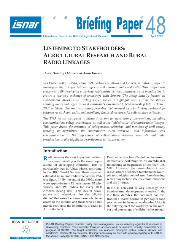 Listening to stakeholders : agricultural research and rural radio linkages