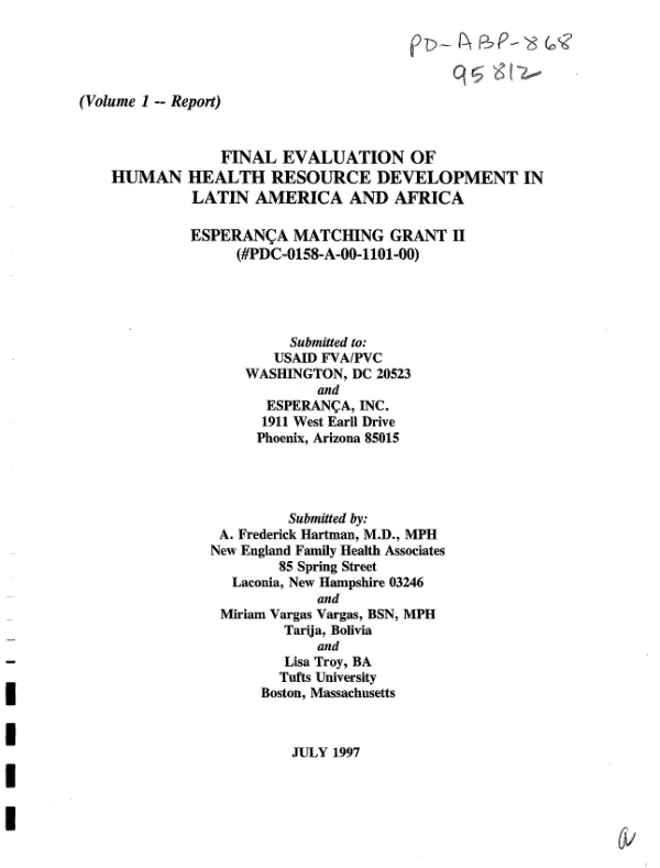 Final evaluation of human health resources development in Latin America and Africa : Esperanca matching grant II (PDC-0158-A-00-1101-00)