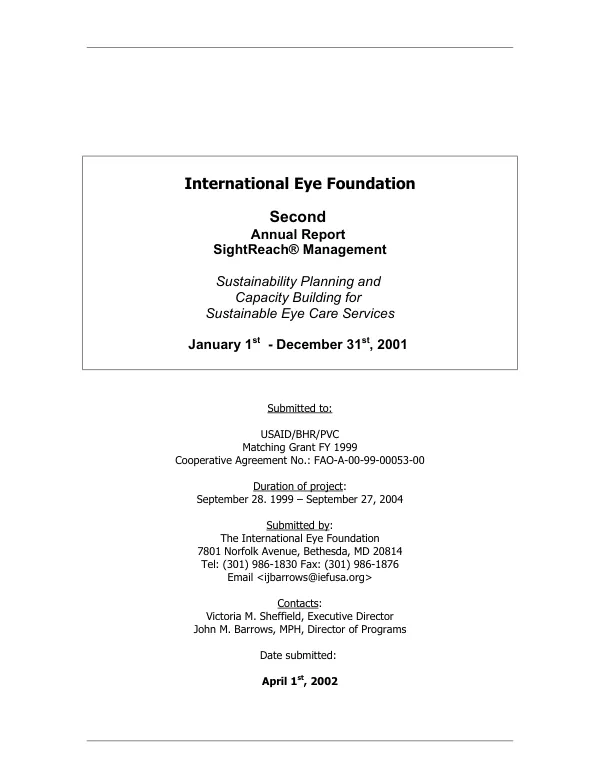International Eye Foundation : second annual report -- SightReach Management : sustainability planning and capacity building for sustainable eye care services -- January 1st-December 31st, 2001