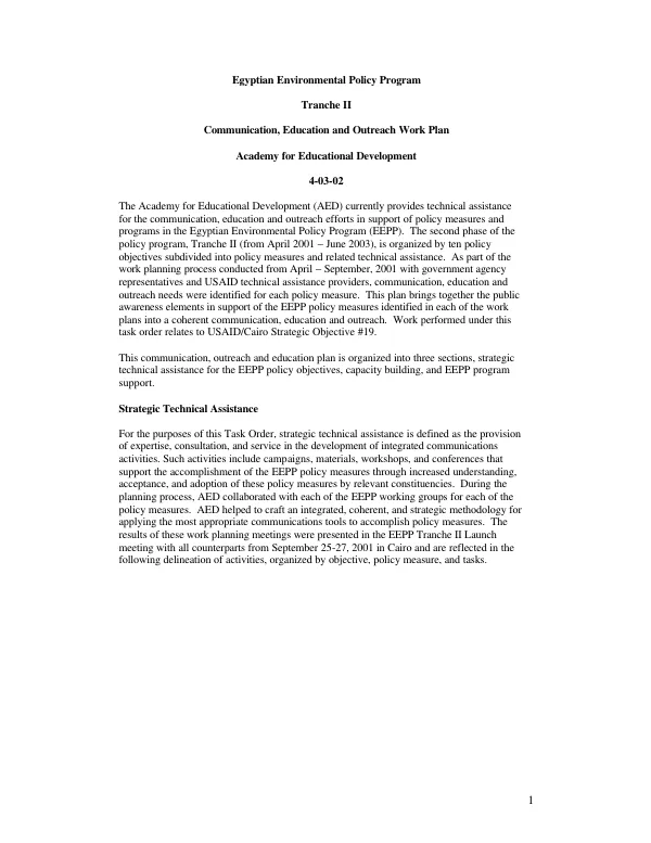 Egyptian environmental policy program [EEPP], Tranche II : communication, education and outreach work plan -- Academy for Educational Development