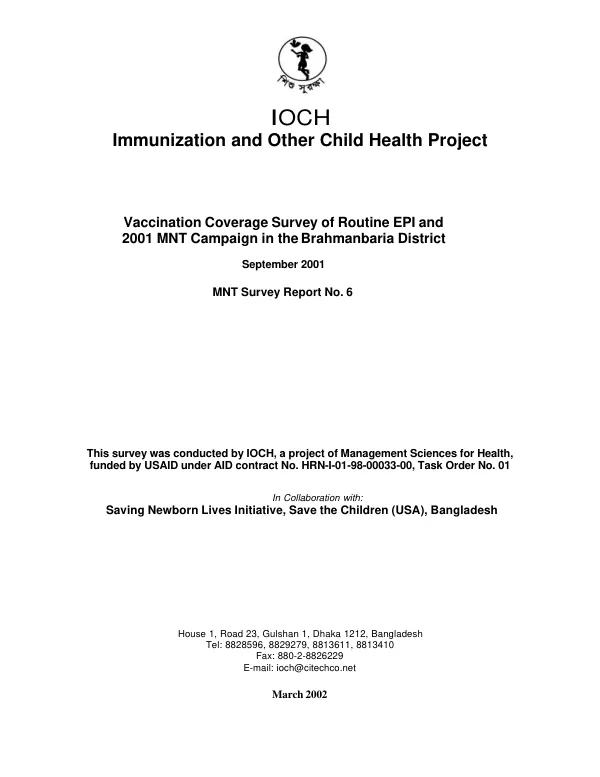 Vaccination coverage survey of routine EPI and 2001 MNT campaign in the Brahmanbaria district, September 2001