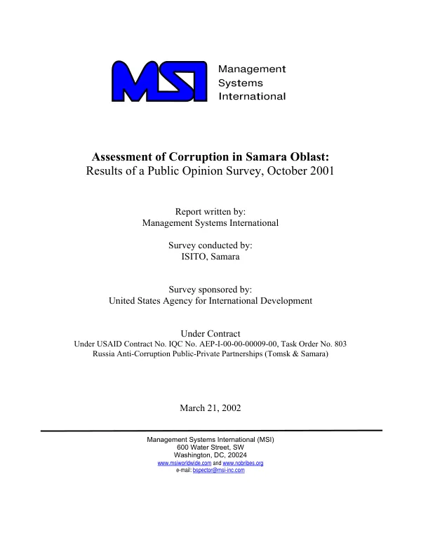 Assessment of corruption in Samara Oblast : results of a public opinion survey, October 2001