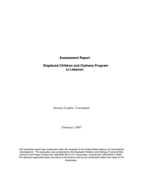 Assessment report : displaced children and orphans program in Lebanon