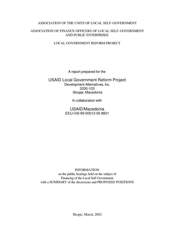 Information on the public hearings held on the subject of financing of the local self-government with a summary of the discussions and proposed positions