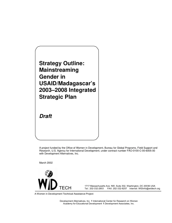 Strategy outline : mainstreaming gender in USAID/Madagascar"s 2003-2008 integrated strategic plan : draft