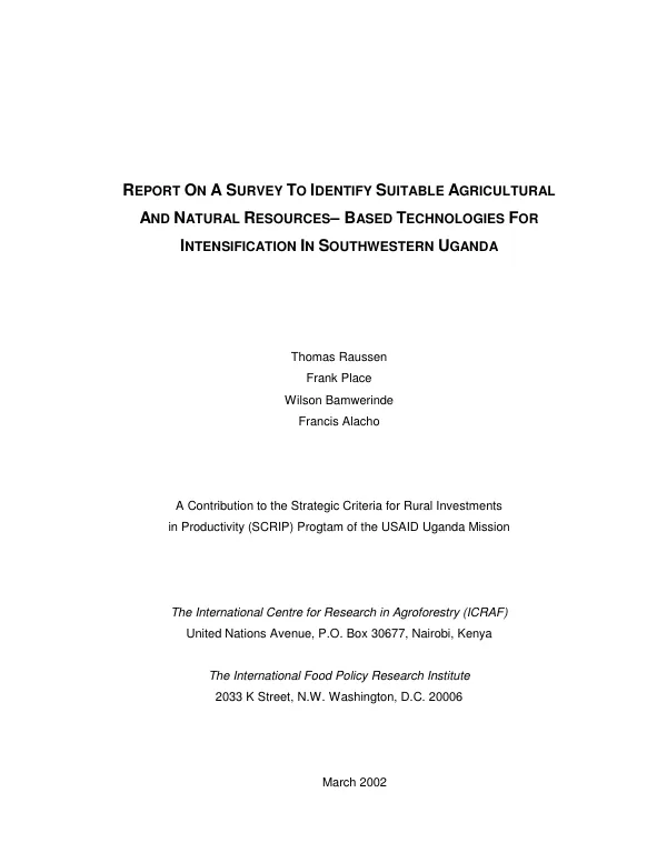 Report on a survey to identify suitable agricultural and natural resources-based technologies for intensification in southwestern Uganda