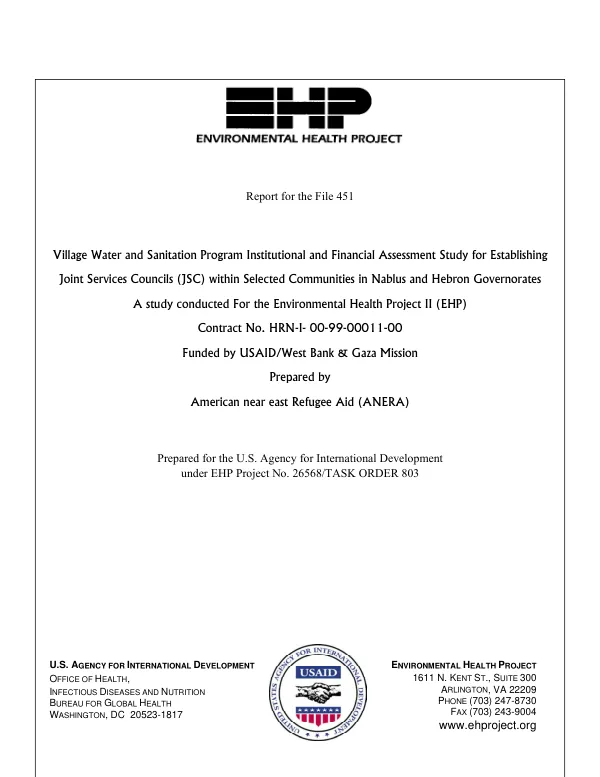 Village water and sanitation program : institutional and financial assessment study for establishing joint services councils (JSC) within selected communities in Nablus and Hebron governorates