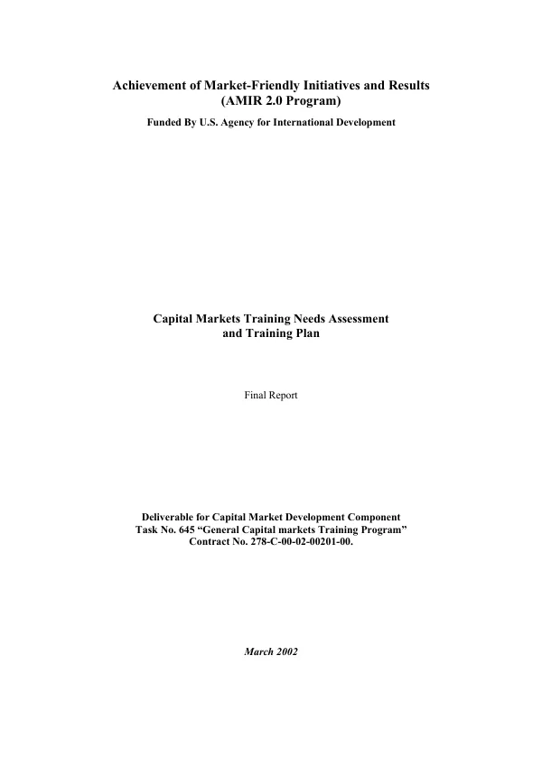 Capital markets training needs assessment and training plan : final report