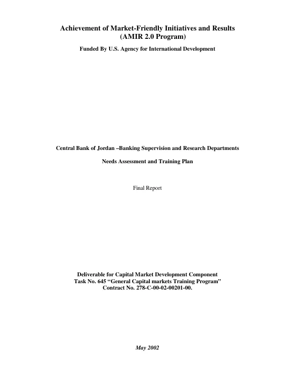 Central Bank of Jordan, Banking Supervision and Research Departments : needs assessment and training plan -- final report