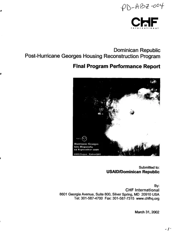 CHF International : Dominican Republic -- post-Hurricane Georges housing reconstruction program : final program performance report, [October 7, 1999 through December 31, 2001]