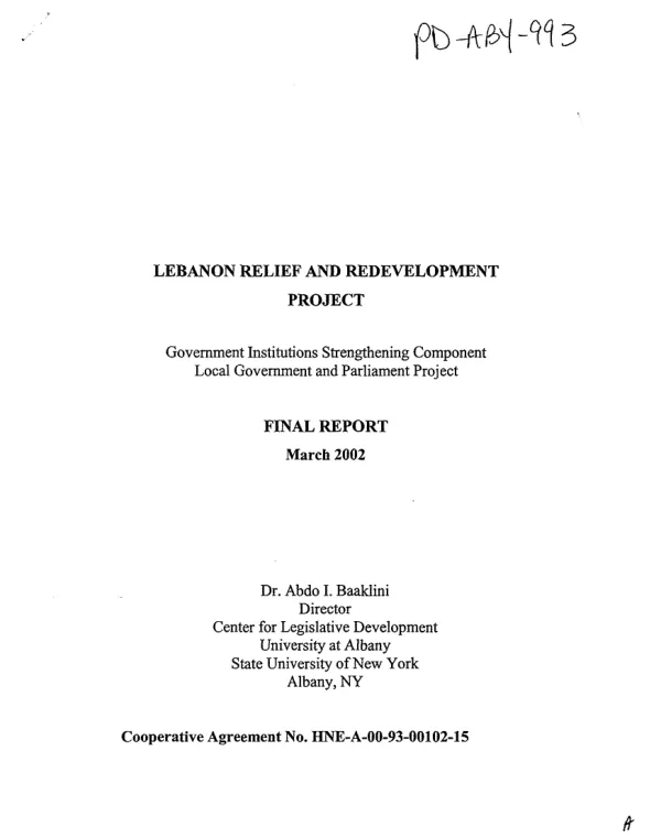 Lebanon relief and redevelopment project : government institutions strengthening component local government and parliament project -- final report