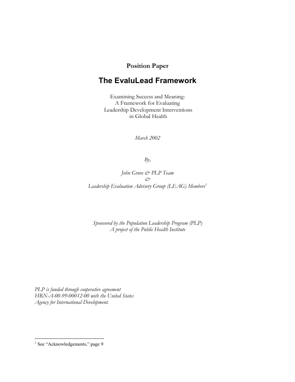 The EvaluLead framework : examining success and meaning -- a framework for evaluating leadership development interventions in global health