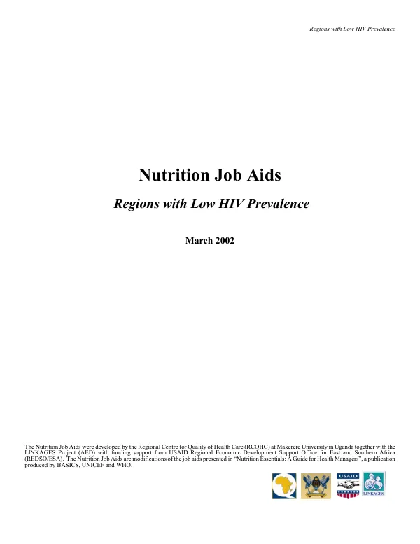 Nutrition job aids : regions with low HIV prevalence