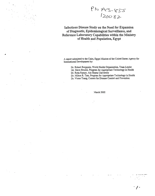 Infectious disease study on the need for expansion of diagnostic, epidemiological surveillance and reference laboratory capabilities within the Ministry of Health and Population, Egypt