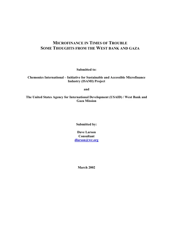 Microfinance in times of trouble : some thoughts from the West Bank and Gaza
