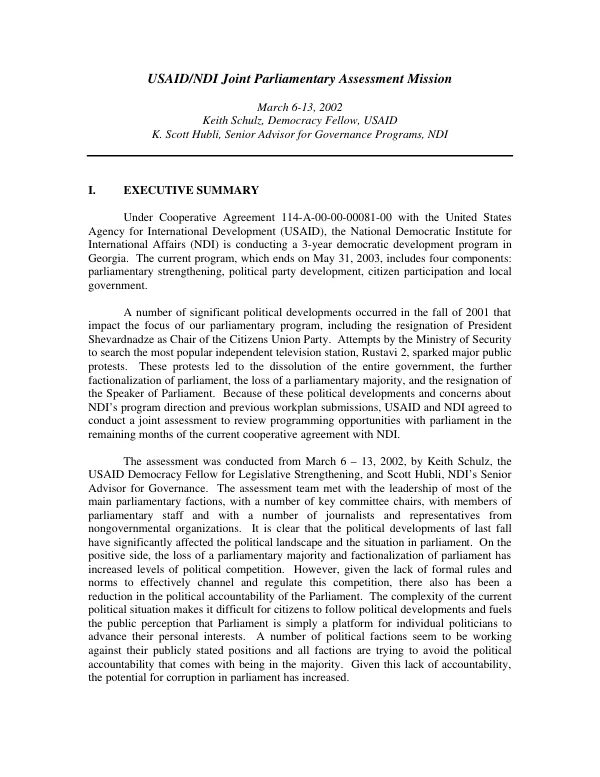 USAID/NDI [National Democratic Institute] joint parliamentary assessment mission