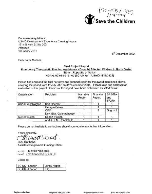Final report to OFDA : emergency [therapeutic] feeding [assistance] project, [drought affected children in] North Darfur State, Republic of Sudan