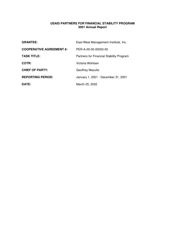 USAID partners for financial stability program : annual report -- East West Management Institute : PER-A-00-00-00003-00 -- January 1, 2001-December 31, 2002