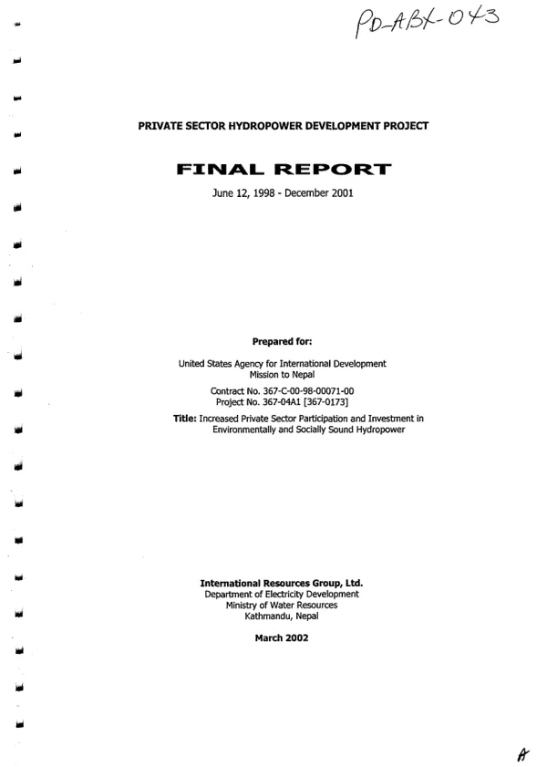 Private sector hydropower development project : final report, June 12, 1998-December 2001