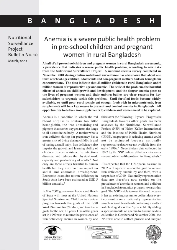 Anemia is a severe public health problem in pre-school children and pregnant women in rural Bangladesh