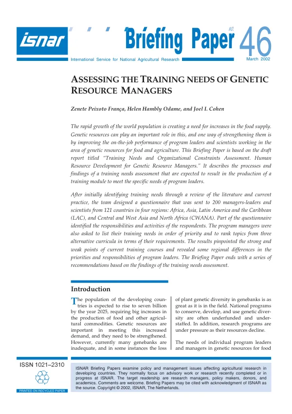 Assessing the training needs of genetic resource managers