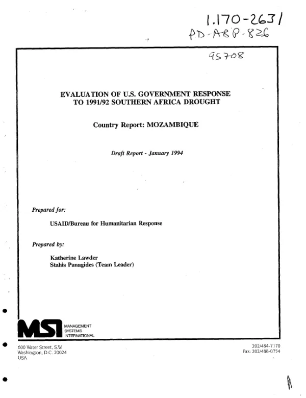 Evaluation of US Government response to 1991/92 Southern Africa drought -- country report : Mozambique
