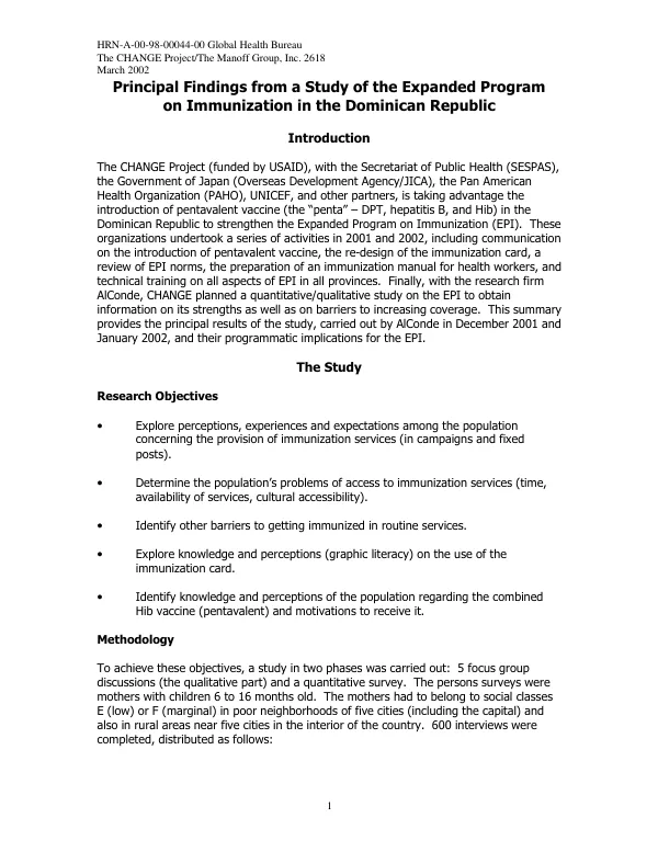 Principal findings from a study of the Expanded Program on Immunization [EPI] in the Dominican Republic
