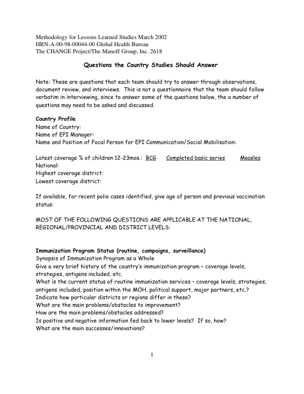 Questions the country studies should answer