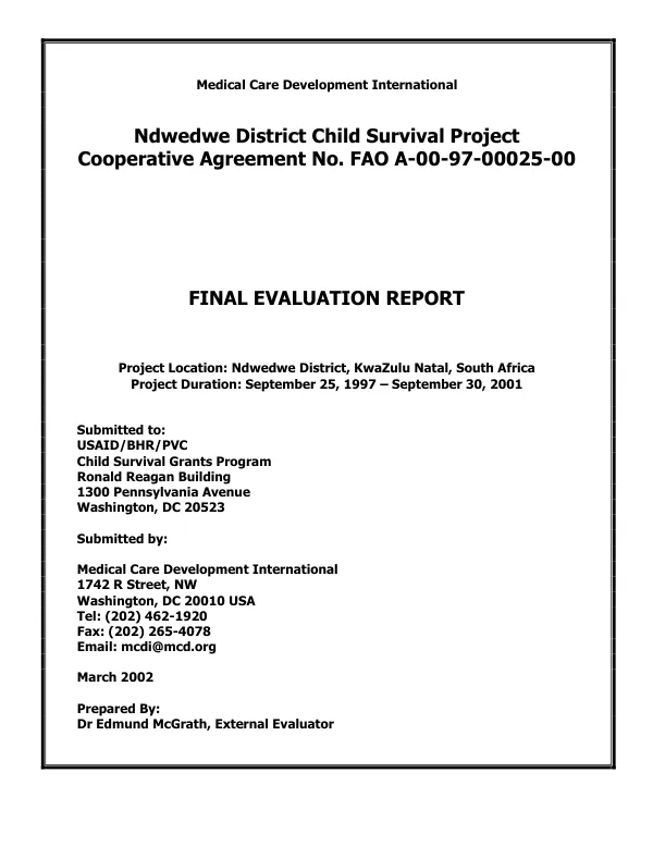 Ndwedwe District [South Africa] child survival project : cooperative agreement no. FAO-A-00-97-00025-00 -- final evaluation report