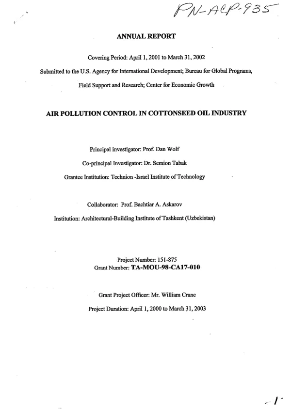 Annual report covering period April 1, 2001 to March 31, 2002 : air pollution control in cottonseed oil industry