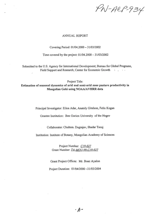 Annual report : covering period 01/04/2000-31/03/2002 -- estimation of seasonal dynamics of arid and semi-arid zone pasture productivity in Mongolian Gobi using NOAA/AVHRR data